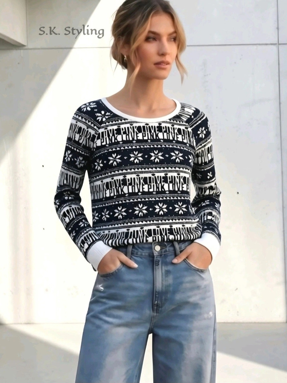 Victoria's Secret Love Pink Fair Isle Thermal Waffle Knit T-Shirt Top Gray Small